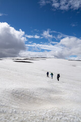 Fototapeta premium Group of hikers ascending on a snowfield to the highest point of Laugavegur hike, Icelandic highlands, end of June