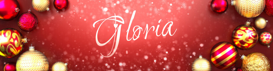 Gloria and Christmas card, red background with Christmas ornament balls, snow and a fancy and elegant word Gloria, 3d illustration - obrazy, fototapety, plakaty