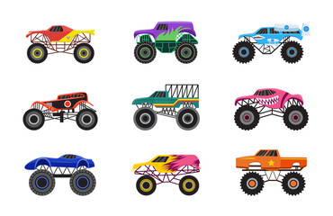 Set cartoon monster trucks of racewagens platte vectorillustratie geïsoleerd.