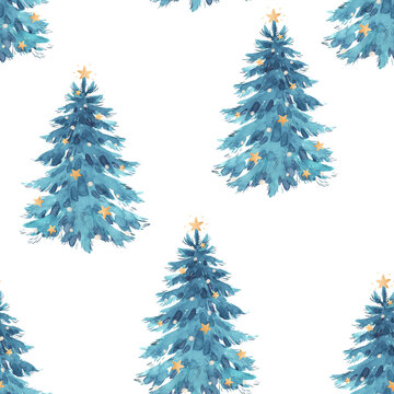 Beautiful seamless pattern with watercolor christmas fir tree. Stock illustration.