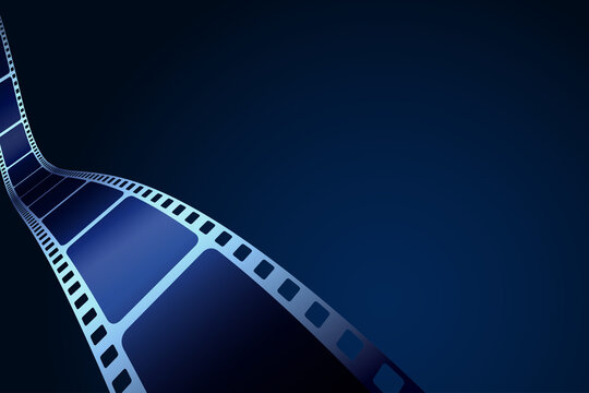 Isometeric film strip isolated on blue background. 3D film strip in perspective. Vector template cinema festival with place for text. Movie design for brochure, poster, banner, flyer. Cinema backdrop.