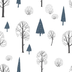 Seamless pattern with winter forest fir-trees and trees. Winter lanscape.