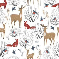 Seamless pattern with winter forest animals and trees. Winter lanscape.