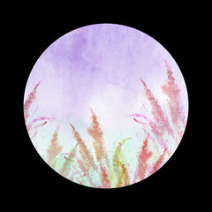 Watercolor card, greeting card with a picture of lavender, wild wildflowers purple,pink lilac. Greeting card, invitation. Vintage watercolor element. 
Bouquet of flowers.Flowering meadow.circle, round