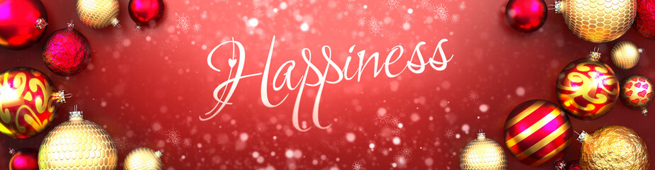 Fototapeta na wymiar Happiness and Christmas card, red background with Christmas ornament balls, snow and a fancy and elegant word Happiness, 3d illustration