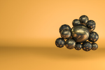3d rendering of Abstract composition with flying spheres.  Shiny golden bubbles on a yellow background. Banner or poster design. Geometric background.