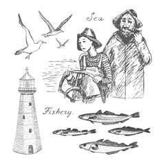 North codfish fishery. Hand drawn black realistic outline vector illustration.