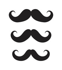 Icons of mustaches. Black cartoon moustache of Charlie Chaplin. Set of graphic symbols for hipster. Different of shapes of men mustaches for comedy or funny. Logos for fashion barber. Vector