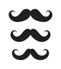 Icons of mustaches. Black cartoon moustache of Charlie Chaplin. Set of graphic symbols for hipster. Different of shapes of men mustaches for comedy or funny. Logos for fashion barber. Vector