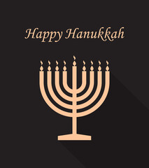 Happy hanukkah. Menorah of chanukah. Hanuka greeting card. Jewish hanukah with shalom. Menora with candles on black background. Design banner of judaism. Hebrew festival or party. Vector