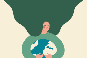 Young woman embraces green planet Earth with care and love. Green female activist support the Environment conservation and energy-saving concept.