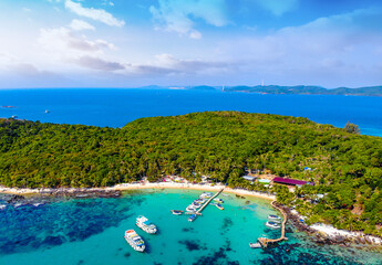 Aerial view of beautiful landscape, tourism boats, and people swimming on the sea and beach on May...