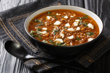 Fakes a traditional Greek vegetarian soup made from brown lentils with tomatoes, oil and feta...