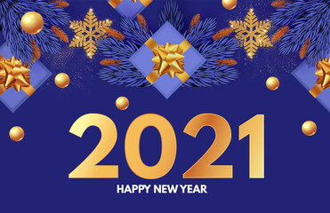 Happy New 2021 Year design template with gifts, fir tree branches, glossy golden balls and gold snowflakes