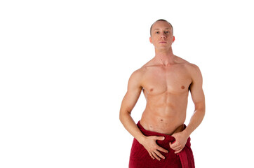 Fototapeta premium Fashion portrait of strong brutal guy with a modern trendy hairstyle. Sexy torso. Male flexing his muscles. Sport workout bodybuilding.