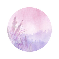 Watercolor card, greeting card with a picture of lavender, wild wildflowers purple,pink lilac. Greeting card, invitation. Vintage watercolor element. 
Bouquet of flowers.Flowering meadow.circle, round