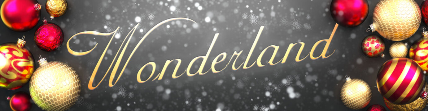 Wonderland and Christmas,fancy black background card with Christmas ornament balls, snow and an elegant word Wonderland, 3d illustration