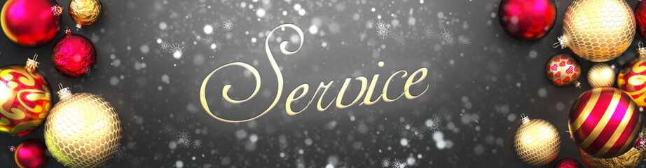 Service and Christmas,fancy black background card with Christmas ornament balls, snow and an elegant word Service, 3d illustration