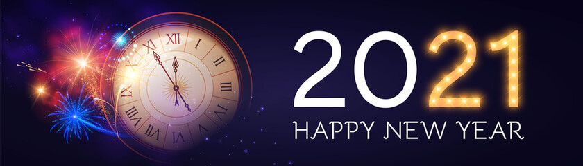 Fototapeta na wymiar Happy New 2021 Year Background with Clock, Snowflakes and Bokeh Effect