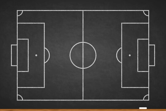 Soccer field chalked on blackboard. Football stadium on board. Background of painted chalk sketch line. Overhead view. Chalkboard texture with pattern sport play. Top plan. Fotball court. Vector
