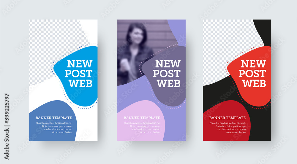 Poster set of vector web post with colorful abstract design, creative stories for social media on white, bl