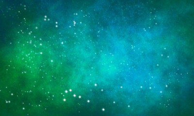 Fototapeta na wymiar Sfondo verde banner natalizio. Spazio cosmico galassia 