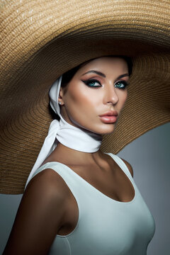 Beauty woman in a large wicker hat and light summer dress. Smokey makeup, perfect portrait of a woman