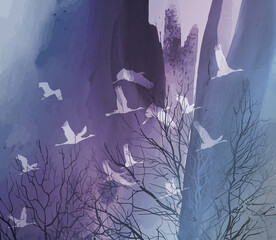 Stylized composition with a flock of white cranes flying over the trees. Watercolor background, vector illustration, cold tones