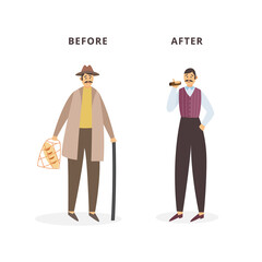 Cartoon characters of sad poor and happy rich man a vector illustration