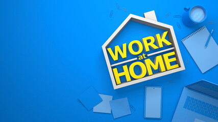 Work at home. Office at home. Blue background, Copy space for text. 3d render