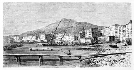 seafront Marinella beach, Naples, Italy, with houses fronting gulf. Ancient grey tone etching style art by Girardet, Le Tour du Monde, 1861
