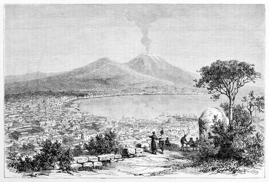 Large overall view of Naples gulf with city, sea and Vesuvius in background from the hill top. Ancient grey tone etching style art by Girardet, Le Tour du Monde, 1861