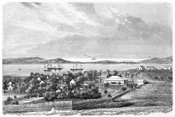 Old view of Nouméa (formerly Port-de-France), New Caledonia. Created by De Berard after photo by unknown author, published on Le Tour du Monde, Paris, 1861
