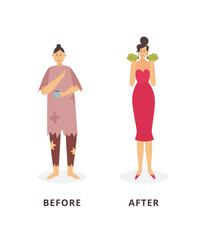 Rich and poor women - before and after financial success concept