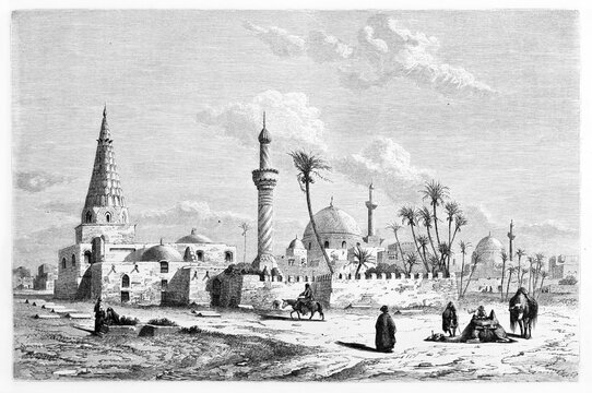 overall outdoor view of arabian monumental building on a warm desertic landscape, Mausoleum of Omar Al-Sahrawardi, Baghdad. Ancient grey tone etching style art by Flandin, Le Tour du Monde, 1861