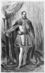 full body gorgeous dressed portrait of Pedro II of Brazil, brazilian Emperor, in solemn pose holding scepter. Ancient grey tone etching style art by Riou and Maurand, Le Tour du Monde, 1861