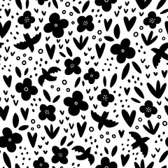 Birds, flowers and hearts, black and white vector pattern