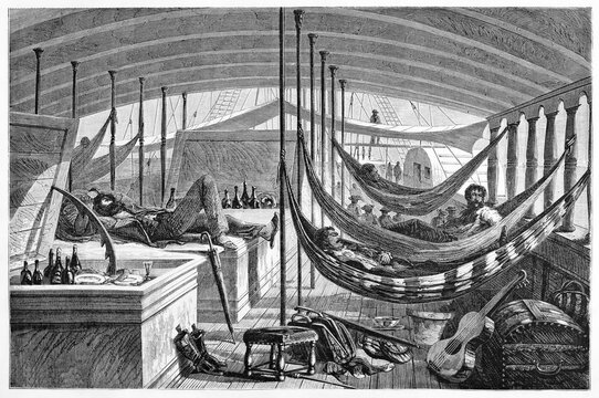 people sleeping on hammocks on poop deck of the steamer between Par�  and Manaus, Brazil. Ancient grey tone etching style art by Riou, Biard and Maurand Le Tour du Monde, 1861