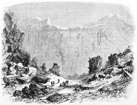 Old view of Popocatepétl volcano crater, Mexico. Created by Sabatier after Leveiriére, published on Le Tour du Monde, Paris, 1861