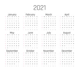 Calendar on 2021 year. Week starts Sunday. Stationery calendar. planner template in minimal design. Yearly organizer. Business illustration.