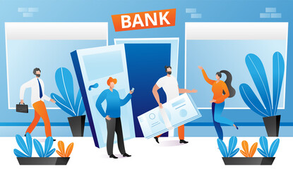 Bank people, financial currency transaction, vector illustration. Cartoon man near bank building hold money, credit service. Modern investment business banking, commercial deposit concept.