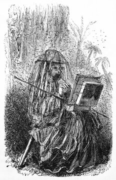 man painting in the jungle protected by shield jacket against troublesome insects. Ancient grey tone etching style art by Trichon and Chapon, Le Tour du Monde, 1861