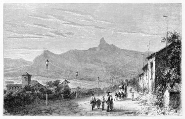 street lamp lined street in a calm cityscape with mountains on background in Avenue de la Gloria, Rio de Janeiro. Ancient grey tone etching style art by Riou, Le Tour du Monde, 1861 - 399227330
