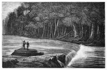 Two men on a rock in Rio Negro rapids, Brazil, fronting the jungle shore. Ancient grey tone etching style art by Riou and Biard, Le Tour du Monde, 1861