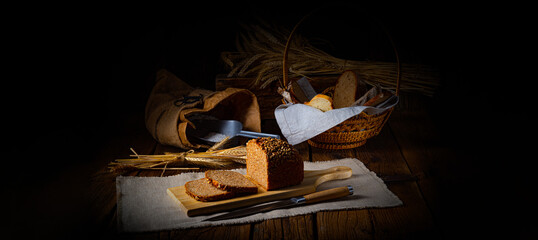 Fototapeta na wymiar Moist wholemeal bread, crushed or ground whole grain