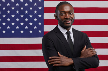 Waist up portrait of confident African-American politician looking at camera while standing with arms crossed against USA flag background, copy space - obrazy, fototapety, plakaty