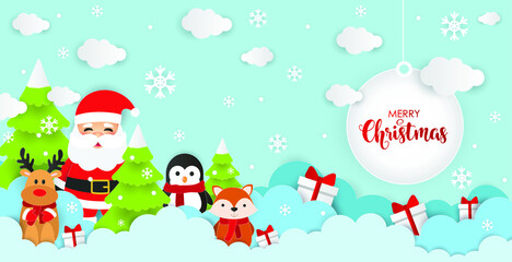 Obraz na płótnie Canvas Christmas Background Vector Illustration. Santa Claus, Reindeer, Penguin And Fox Vector. Winter Wonder Land Background.
