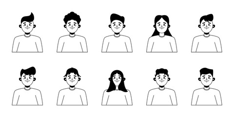 Modern cartoon character. Set of ten black and white portraits with different hair and details. Vector illustration design for your project and business.