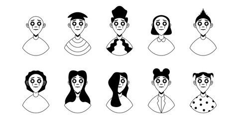 Modern cartoon character. Set of ten black and white portraits with different hair and details. Vector illustration design for your project and business.