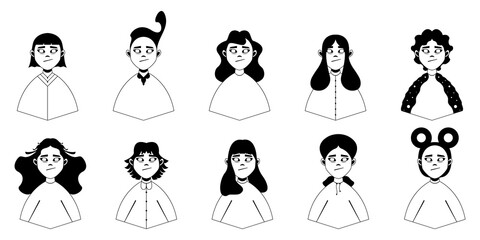 Modern female character. Set of ten black and white portraits with different hair and details. Cartoon. Vector illustration design for your project and business.